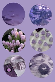 four different pictures with purple and white flowers in the middle one has heart shaped objects on it