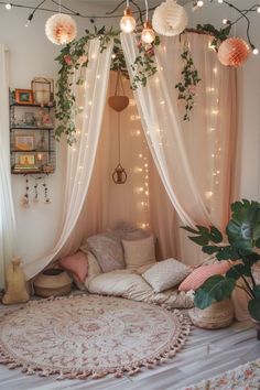 #homedecor, #interiordesign, #homedesign, #decor inspiration Bedroom Cozy Fairy Lights, Corner Bed With Canopy, Bedroom With Vines And Fairy Lights, Boho Cozy Corner, Fairy Tale Room Decor, Canopy Bed Corner, Fairy Theme Bedroom Ideas, Sage Green Cottage Core Bedroom, Corner Bed Canopy Ideas