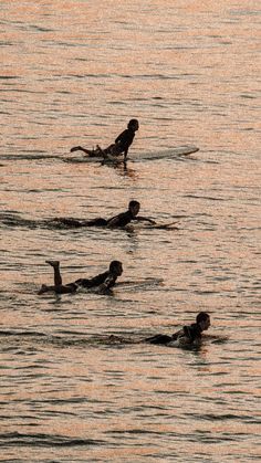 four people swimming in the water at sunset