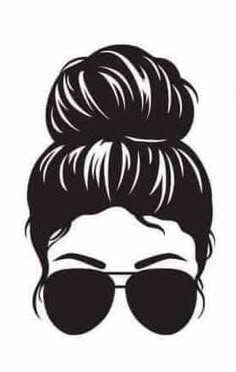 a black and white drawing of a woman with sunglasses on her head, wearing a bun