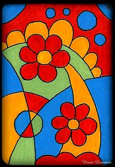 an abstract painting with flowers and circles