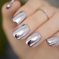 Silver Shiny Nails, Glasto Nails, Nail Art Chrome, Metallic Nails Design, Bare Nails, Silver Nail Art, French Pedicure, Gel Pedicure, Nail Store