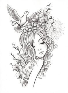 a drawing of a girl with flowers and birds on her head, in the background is a