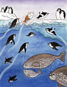 an image of penguins swimming in the ocean with fish and penguinlings around them on ice floes