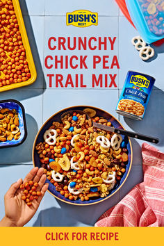 a bowl full of cereal with the words crunchy chick pea trail mix on it