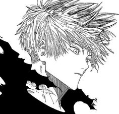 an anime character with short hair and spiked ears, looking to the side in black and white