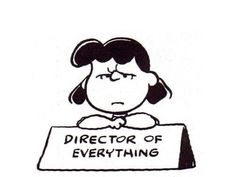 a black and white drawing of a girl holding a sign that says director of everything