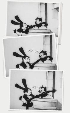 three black and white photos of cartoon characters