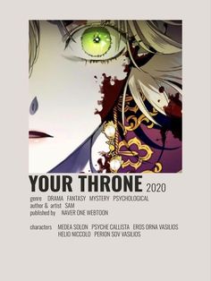 the poster for your throne, featuring an image of a woman with green eyes and long hair