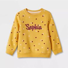 Toddler Embroidered Crewneck Sweatshirt for girl  Kids Personalized Name Baby Pink Sweatshirt Personalized Toddler Gift Gift For Toddler , Toddler Girls' Fleece Pullover Sweatshirt FOR  MORE COLOR PLEASE VISIT SWEATSHIRTS SECTION https://www.etsy.com/shop/xpressgifts?ref=seller-platform-mcnav&section_id=40631527 Let your little one welcome cool weather with fun colors and prints with this Fleece Pullover Sweatshirt . Boasting a soft fleece construction, this long-sleeve pullover sweatshirt offers them cozy comfort, and is designed with banded cuffs and a banded hem for a snug fit. Featuring fun prints, it makes a great pairing with a variety of their bottoms. Have them layer it over a variety of tees or dresses for cozy comfort during cool weather. Sizing: Toddler Material: 52% Cotton, 48% Cute Yellow Long Sleeve Sweatshirt, Cute Yellow Sweatshirt For Fall, Yellow Letter Print Long Sleeve Sweater, Yellow Long Sleeve Sweater With Letter Print, Cute Long Sleeve Embroidered T-shirt, Cute Yellow Crew Neck Sweatshirt, Playful Crew Neck Top With Name Print, Cute Name Print Tops For Fall, Cute Tops With Name Print For Fall