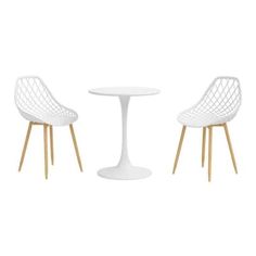 two white chairs and a table with wooden legs on a white background, the chair is next to the table