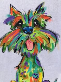 a painting of a colorful dog on a white background