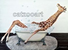 a painting of two giraffes in a bathtub