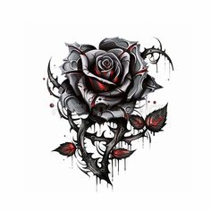 a black rose with red leaves on it