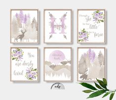 four purple and white nursery wall art prints