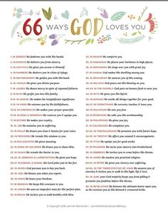 the 66 ways god loves you poem is shown with flowers and leaves on white paper