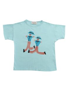 Light blue T-shirt with Dancing Giants print for children in organic cotton.Composition: 100% ORGANIC COTTON Playful Organic Cotton Graphic T-shirt, Blue Character Print T-shirt For Summer, Blue Organic Cotton Top With Screen Print, Blue Organic Cotton Graphic Tee, Playful Blue Organic Cotton Tops, Blue T-shirt With Character Print In Relaxed Fit, Blue Organic Cotton T-shirt With Screen Print, Blue Relaxed Fit Organic Cotton T-shirt, Playful Blue Top With Funny Print