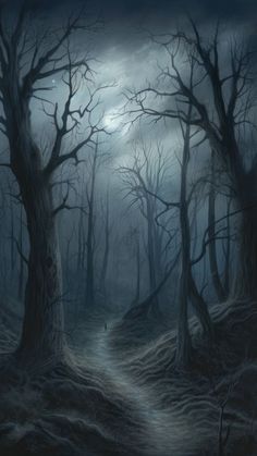 a painting of a path in the woods at night