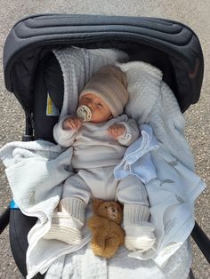 a baby in a stroller with a teddy bear