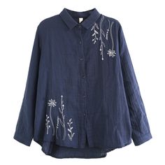 Long-sleeved Cotton Blouse With Embroidered Hem, Long Sleeve Cotton Blouse With Embroidered Hem, Cotton Blouse With Embroidered Hem And Long Sleeves, Cotton Long Sleeve Blouse With Floral Embroidery, Blue Embroidered Button-up Blouse, Long Sleeve Cotton Top With Tonal Embroidery, Blue Floral Embroidered Button-up Blouse, Spring Long Sleeve Blouse With Embroidery, Blue Floral Embroidered Button-up Top