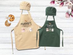 two aprons with the words mommy's kitchen on them and cookies next to it