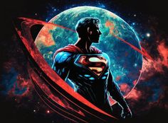 a man with a superman logo on his chest standing in front of a space background