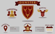 the logo for dunster, which is located on top of a red and gold shield