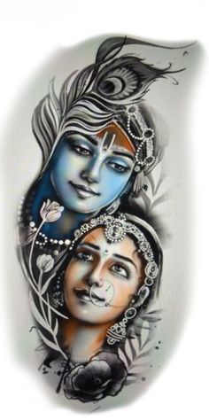 two women with different faces painted on their body, one in blue and the other in orange