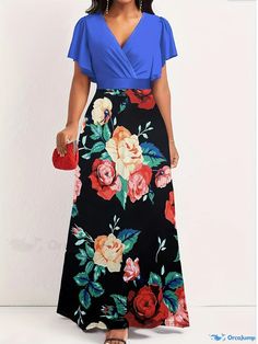 Orcajump - Plus Size Elegant Dress, Women's Plus Colorblock Floral Print Surplice Neck Ruffle Trim Maxi Party Dress Multicolor Short Sleeve Evening Maxi Dress, Casual Patchwork Maxi Dress For Party, Blue Patchwork Maxi Dress With Short Sleeves, Color Block Short Sleeve Party Dress, Multicolor Color Block Maxi Dress For Party, Multicolor Color Block Party Maxi Dress, Party Multicolor Color Block Maxi Dress, Blue Color Block Party Dress, Maxi Party Dress