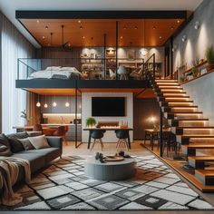 a living room filled with furniture and stairs