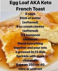 an egg loaf aka keto french toast recipe on a white plate with caramel syrup