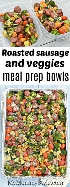 this is an image of roasted sausage and veggies meal prep bowls