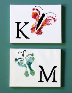 two pieces of paper with the letters k and m painted on them, one has a butterfly