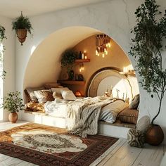 a bedroom with an arched bed and plants in the corner, along with potted trees