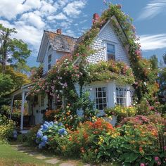 a house with flowers growing all over it