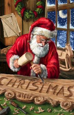 a painting of santa claus working on a christmas sign