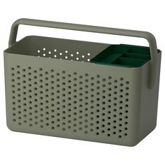 a gray plastic basket with holes on the front and sides, holding three compartments for storage