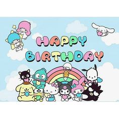 an image of happy birthday card with cartoon characters and rainbow in the sky behind it