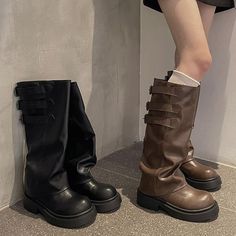 Platform Buckled Panel Knee High Bootsmeasurement is cm.Product Information Material: 100% PU Color: Black Egirl Shoes, Kawaii Shoes, Trendy Fashion Women, New Instagram, Kawaii Fashion, Haiti, Daily Fashion, High Boots, Knee High Boots