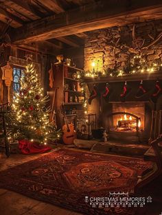 a living room with a christmas tree and fireplace