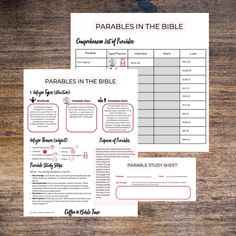 the printable bible study guide is shown on top of a wooden table with a pen and