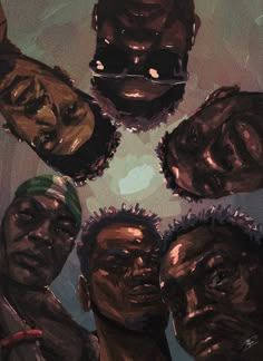 a painting of five black men looking up at the sky