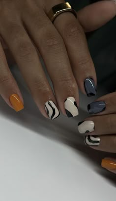 Coloured Nails With French Tips, Minimalist Nails Short Winter, Short Nails Crazy Design, Orange Grey Nails, Black Nails With Checkered Accent Nail, 2025 Nail Inspiration, Square Nail Art Ideas, Nail Designs Using Dip Powder, Gelx Inspo Nails Square