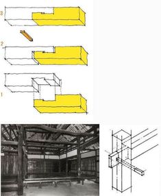 three different views of the inside of a building, one with yellow paint on it