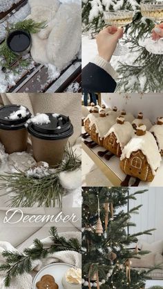 a collage of photos with gingerbread houses and coffee cups in the foreground