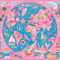 the world in pink and blue with boats, ships, and flowers on it's surface