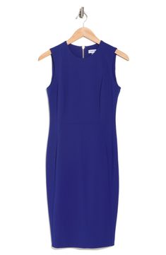 An exposed back zipper adds an extra hint of modern allure to this curve-skimming sheath dress. Approx. 39" length (size 4) Jewel neck Sleeveless Exposed back zip closure 94% polyester, 6% spandex Dry clean Imported Model stats: 5'10", 32" bust, 25" waist, 36" hip. Model is wearing size S. Fitted Sleeveless Elastane Dress For Work, Bodycon Midi Dress With Back Zipper For Work, Fitted A-line Sleeveless Elastane Dress, Stretch Lined Dresses For Work, Bodycon Elastane Dresses With Back Zipper, Stretch Sheath Sleeveless Dress For Work, Sleeveless Elastane Bodycon Dress With Back Zipper, Sleeveless Work Dress With Invisible Zipper, Fitted Sleeveless Midi Dress With Back Zipper