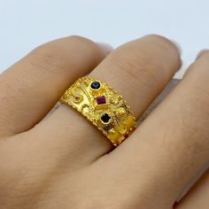 Byzantine Silver Ring - 22k Gold Plated Byzantine Silver - Vintage Greek Jewelry - Etruscan Ring - Sterling Silver Statement Ring Gemstone *100% naturel gemstone *925 sterling silver *22k GOLD PLATED *gemstone: ruby-sapphire *stone shape: square & round *stones sapphire: 2 pcs. *stones ruby: 1 pcs. *sapphire-ruby *byzantine Exquisite Gold Ruby Gemstone Ring, Luxury Gold Ruby Ring With Intricate Design, Ceremonial Gold Ruby Ring With Intricate Design, Gold Ruby Ring With Intricate Design For Ceremonial Occasions, Fine Jewelry Gold Ruby Ring With Intricate Design, Gold Ruby Ring With Intricate Design, Gold Ruby Ring With Filigree In Fine Jewelry Style, Gold Filigree Ruby Ring Fine Jewelry, Fine Jewelry Gold Ruby Ring With Filigree