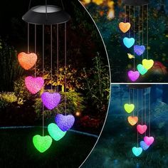 heart shaped lights hanging from strings in the dark