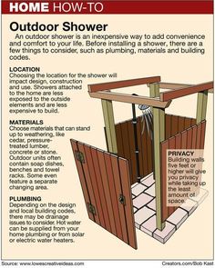 an outdoor shower is shown with instructions for how to build it and where to put the shower